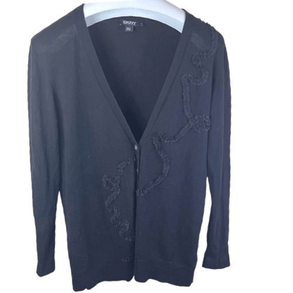 DKNY Women's Black Cardigan Sweater Large‎ Ruffle Detail Long Sleeve Career Wear